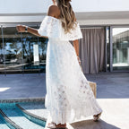 Off Shoulder Floral Hollow Ruffle Trim Asymmetrical Hem Dress