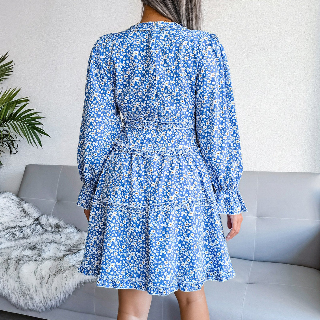 Elegent Chiffon Dress Floral Printed Deep V-neck Midi Party Dress