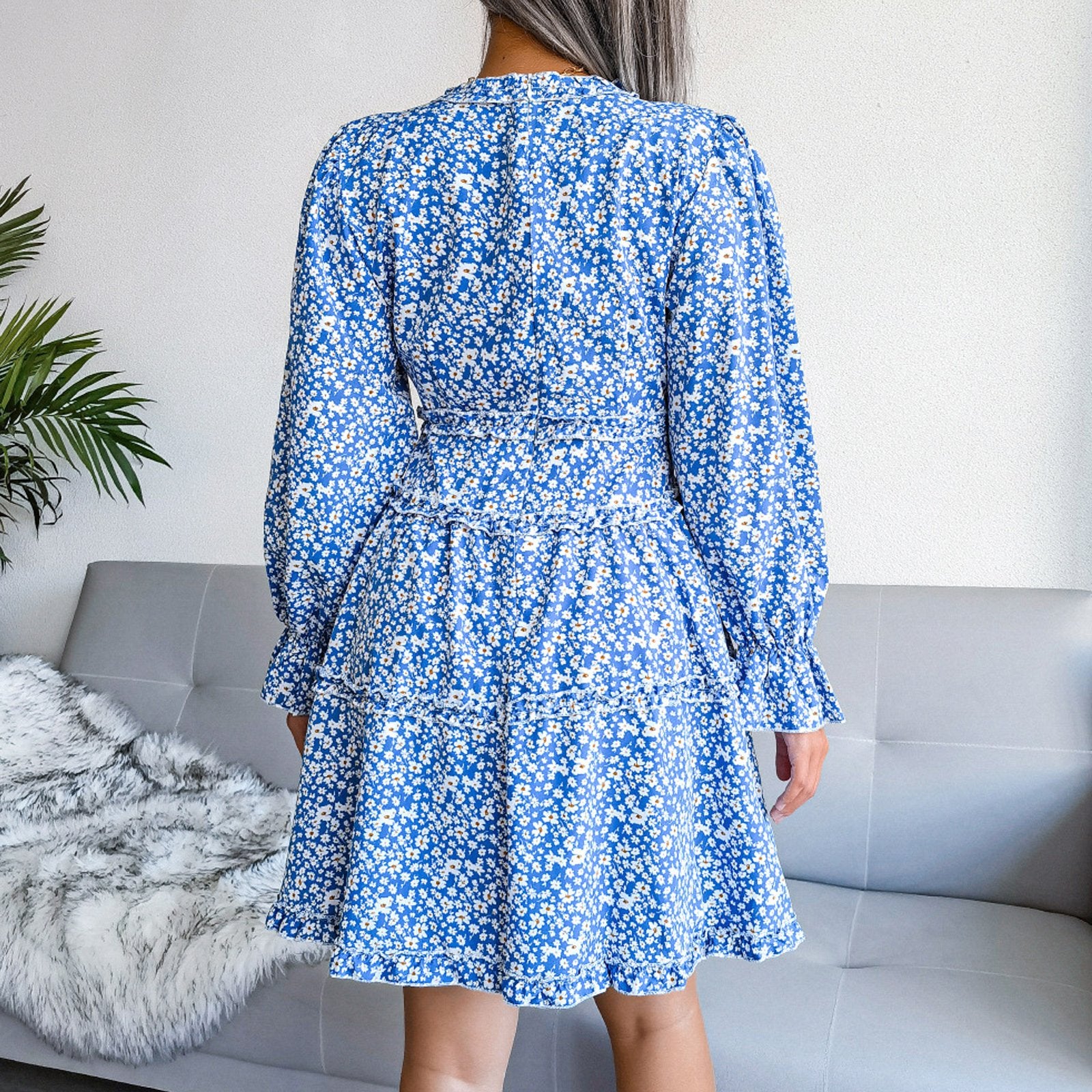 Elegent Chiffon Dress Floral Printed Deep V-neck Midi Party Dress