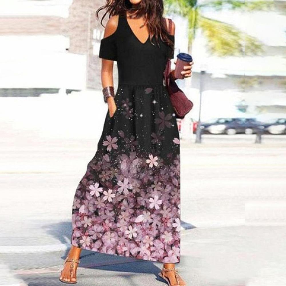 Black V Neck Floral Print Cold Shoulder Short Sleeve Dress
