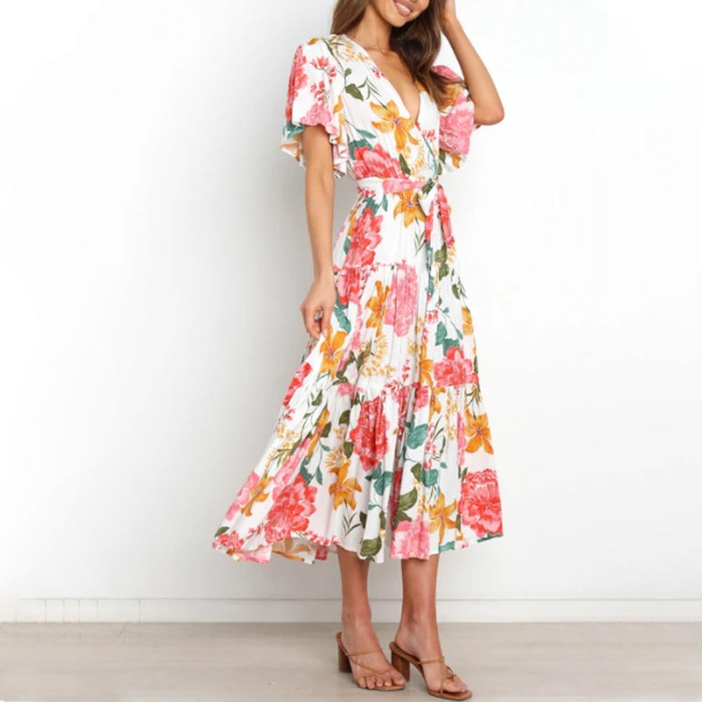 White Floral Print Butterfly Sleeve Ruffle Hem Belted Dress