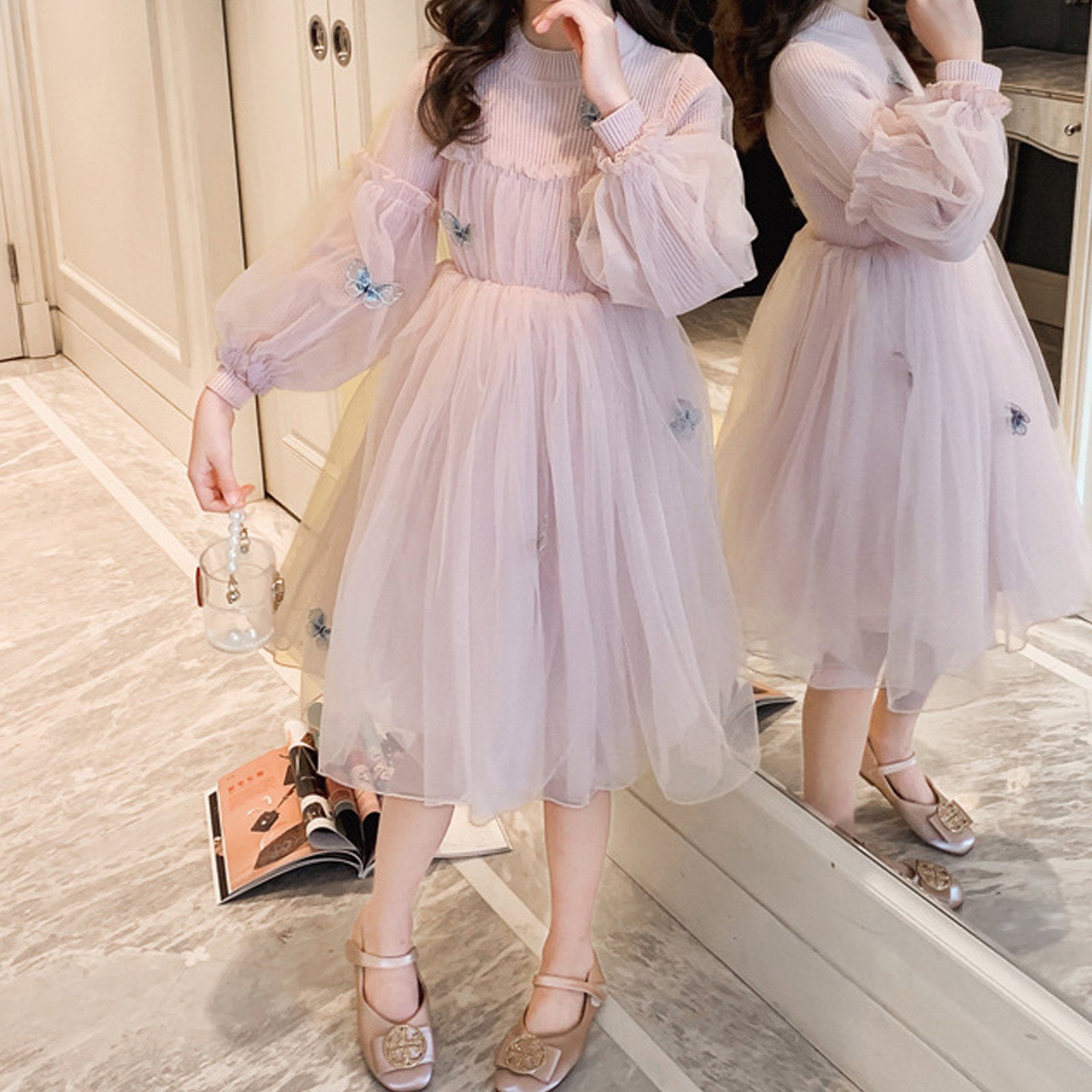 Girls Party Dress Butterfly Embroidery Lace Patchwork Knitted Dress