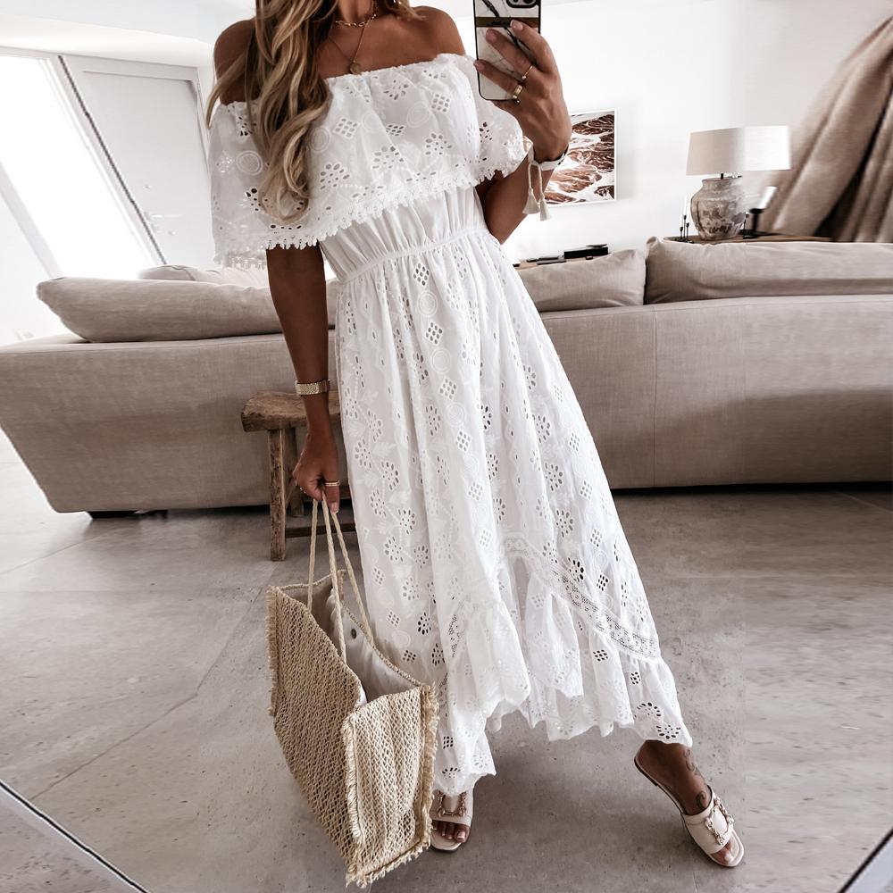 Off Shoulder Floral Hollow Ruffle Trim Asymmetrical Hem Dress