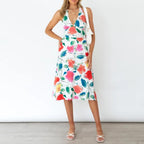 White Floral Print Halter Neck Open Back Cami Dress