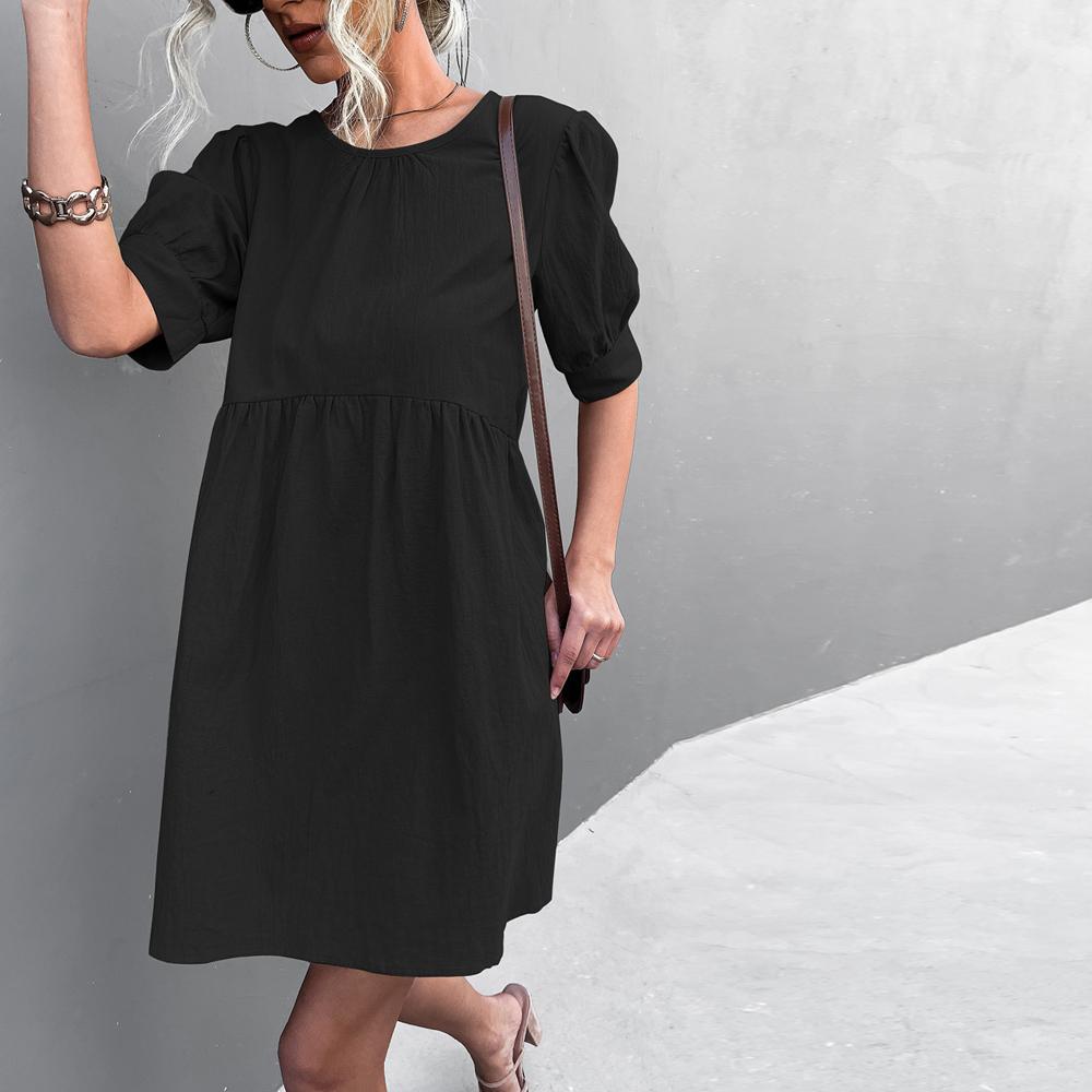 Solid Puff Sleeve Button Back Round Neck Casual Dress