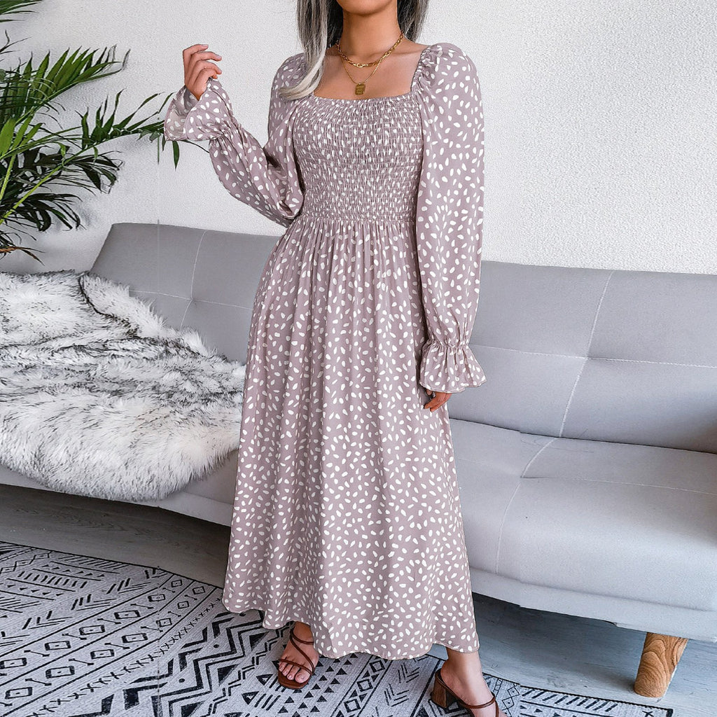 Adult Square Neck Maxi Dress Puff Sleeve Pleated Dress
