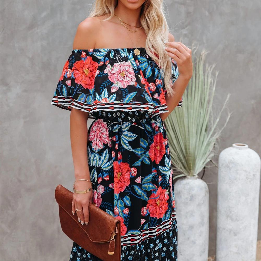 Allover Floral Print Off Shoulder Ruffle Hem Belted Maxi Dress