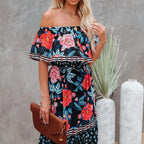 Allover Floral Print Off Shoulder Ruffle Hem Belted Maxi Dress