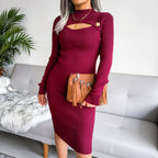 Mock Neck Cut Out Button Detail Bodycon Sweater Dress