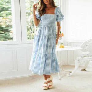 Gingham Shirred Puff Sleeve Square Neck Tie Back Dress