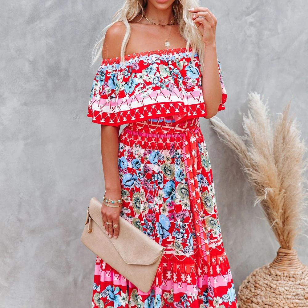 Allover Floral Print Off Shoulder Ruffle Hem Belted Maxi Dress
