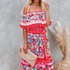 Allover Floral Print Off Shoulder Ruffle Hem Belted Maxi Dress