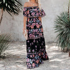Allover Floral Print Off Shoulder Ruffle Hem Belted Maxi Dress