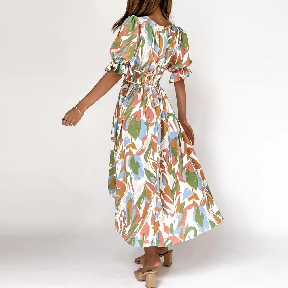 Green Floral Print Shirred Waist V Neck Flounce Sleeve A-line Dress