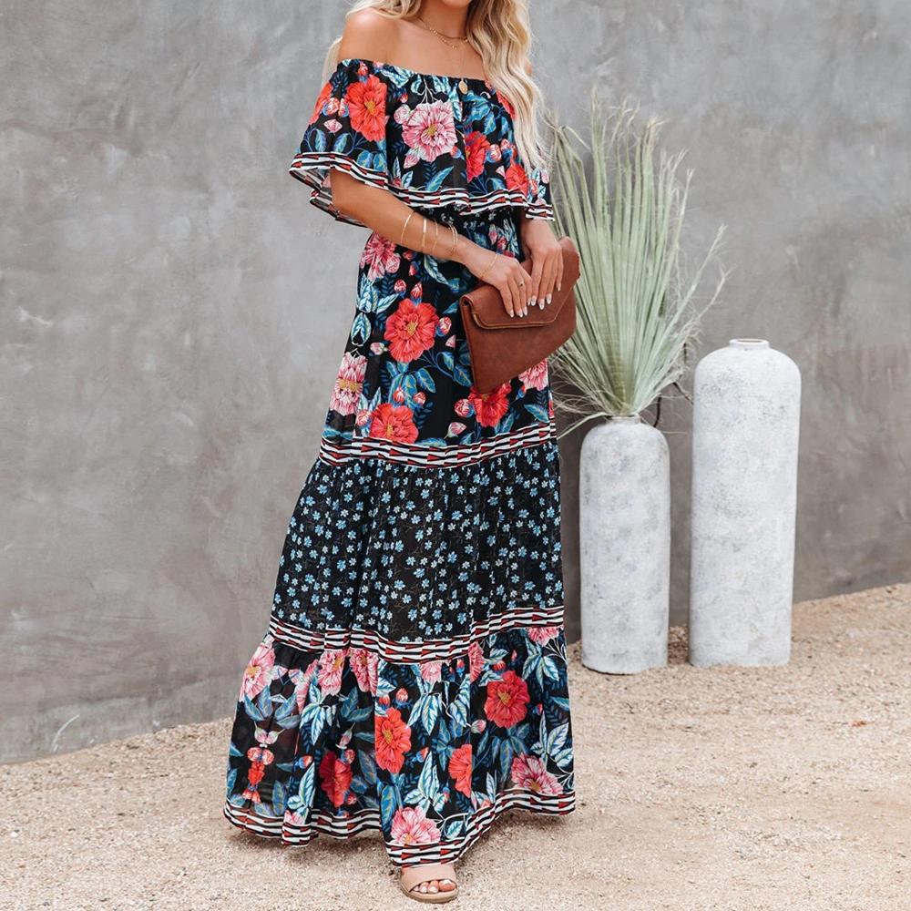 Allover Floral Print Off Shoulder Ruffle Hem Belted Maxi Dress