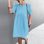 Solid Puff Sleeve Button Back Round Neck Casual Dress