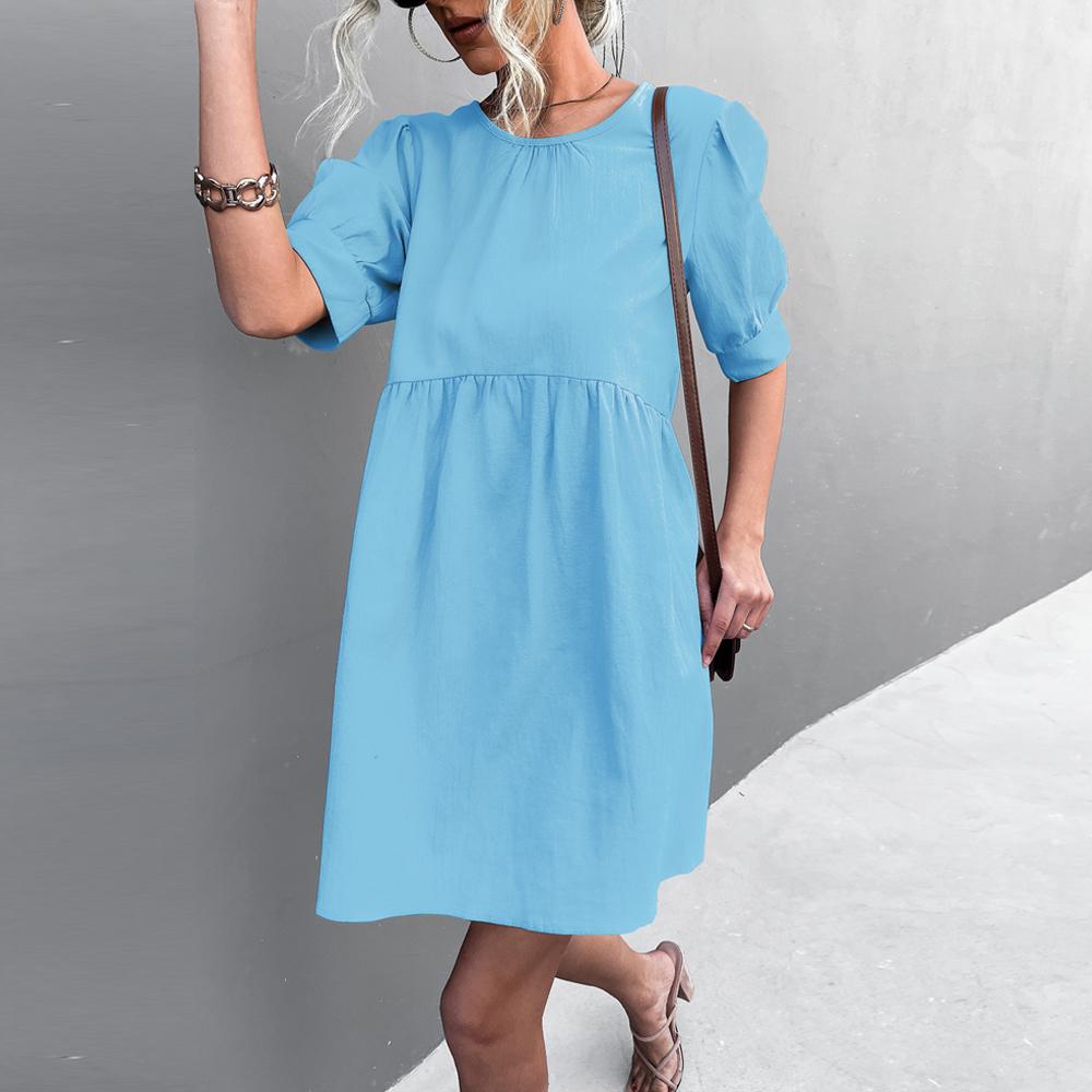 Solid Puff Sleeve Button Back Round Neck Casual Dress