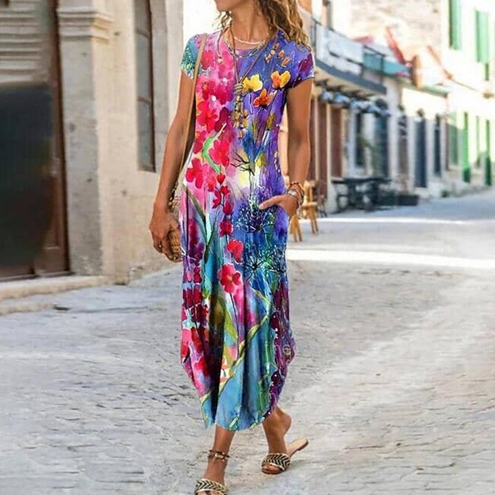 Floral Print Round Neck Short Sleeve Long Dress