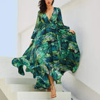 Tropical Leaves & Floral Print Lantern Sleeve V Neck Belted Maxi Dress