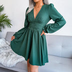 Sexy Pleated Chiffon Dress Elegent V-neck Solid Dress