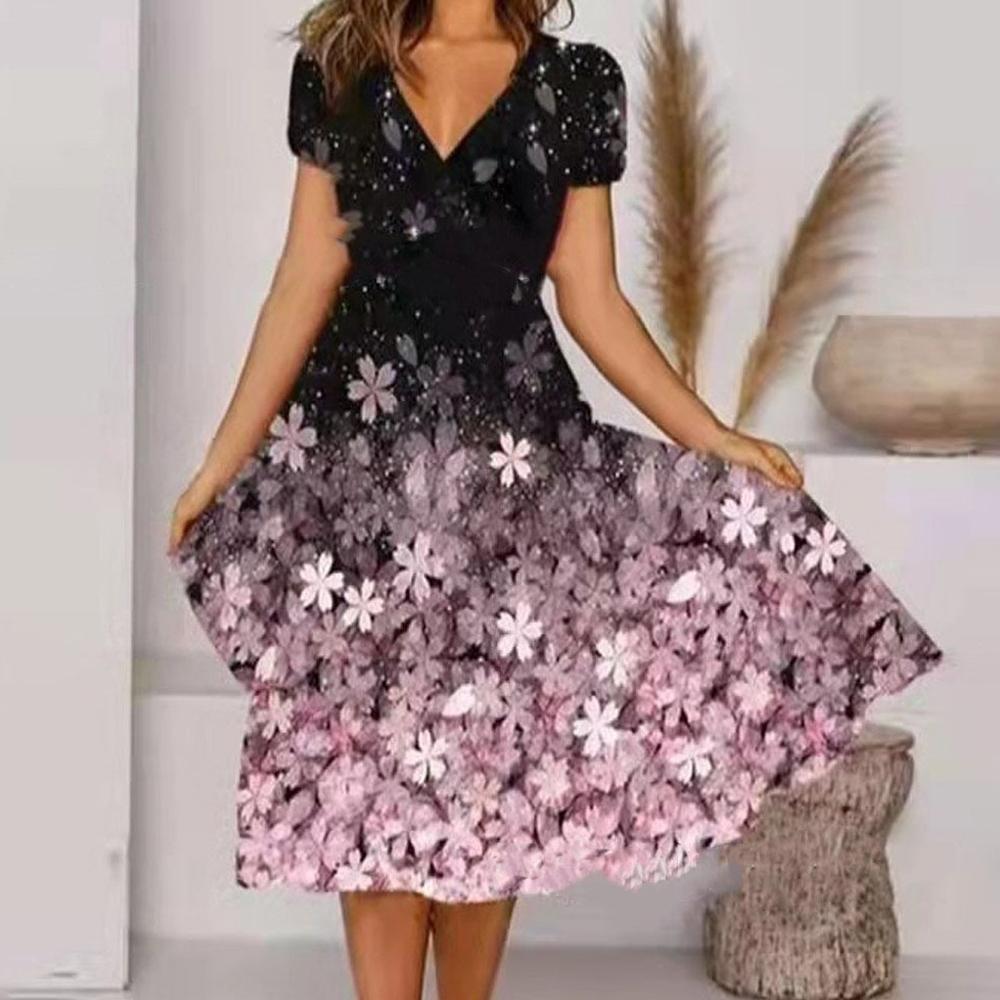 HOT SALE Black Ombre Floral Print V Neck Short Sleeve Dress