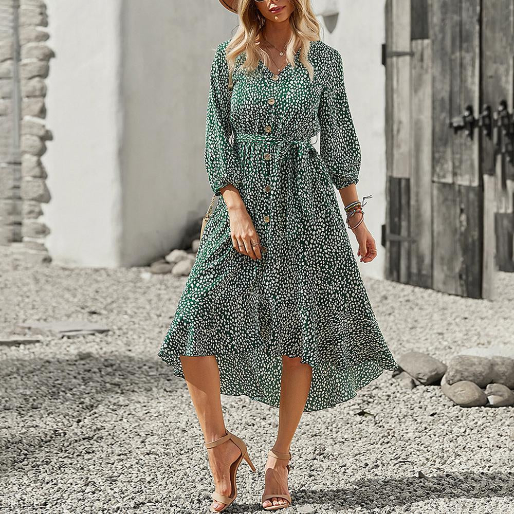 V Neck Polka Dot Print Long Sleeve High Low Hem Belted Dress