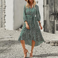 V Neck Polka Dot Print Long Sleeve High Low Hem Belted Dress