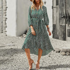 V Neck Polka Dot Print Long Sleeve High Low Hem Belted Dress