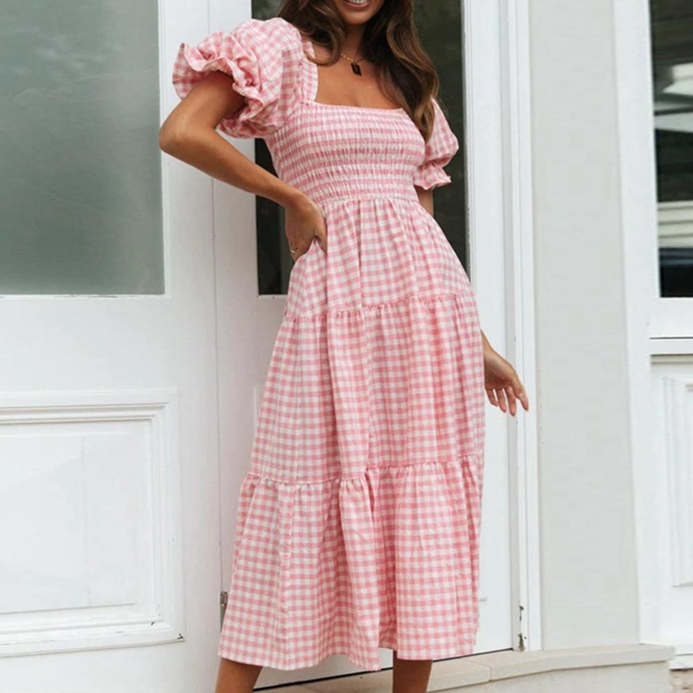 Gingham Shirred Puff Sleeve Square Neck Tie Back Dress