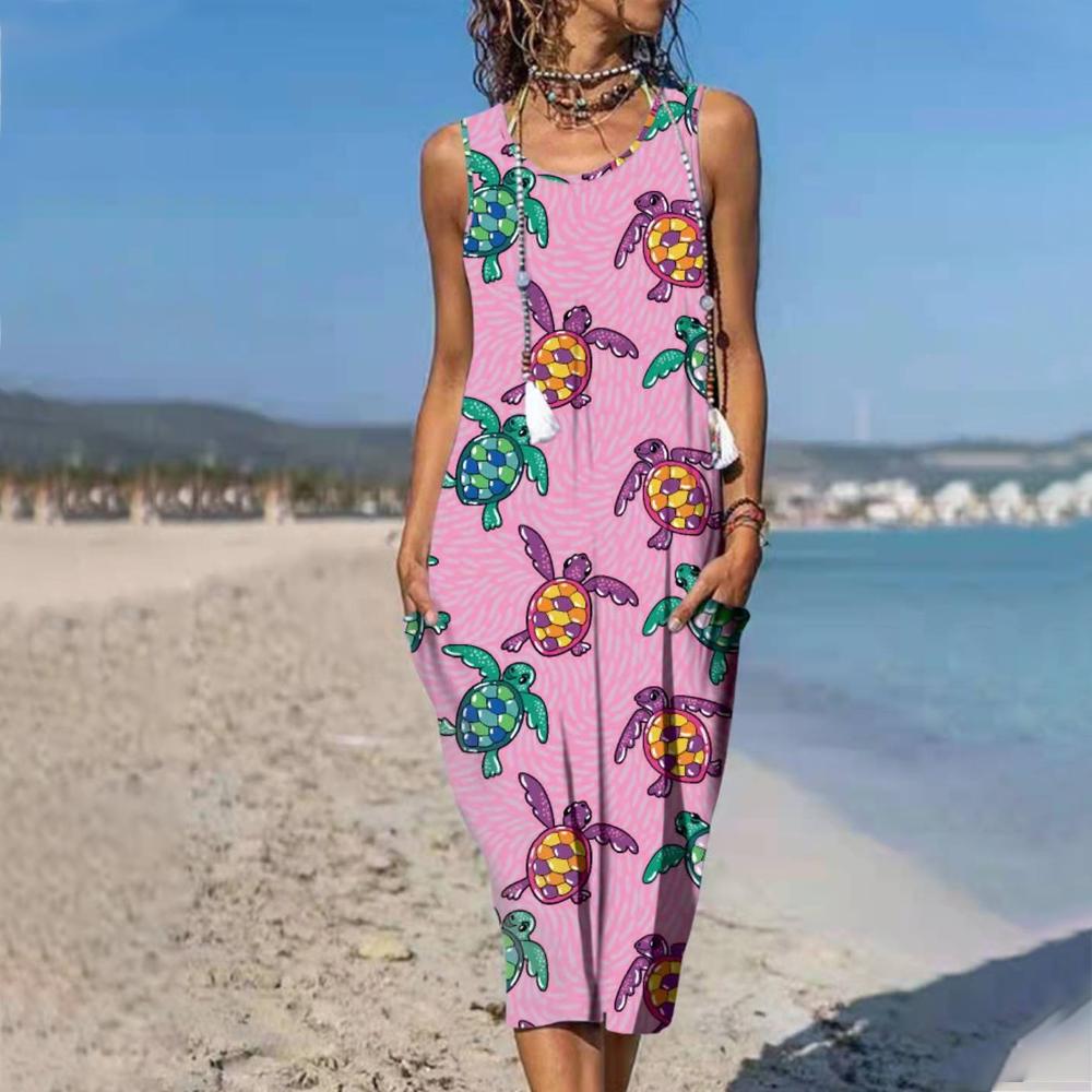 Sea Turtle Print Round Neck Pocket Patched Sleeveless Dress