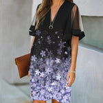 Black V Neck Floral Print Contrast Lace Flounce Sleeve Dress