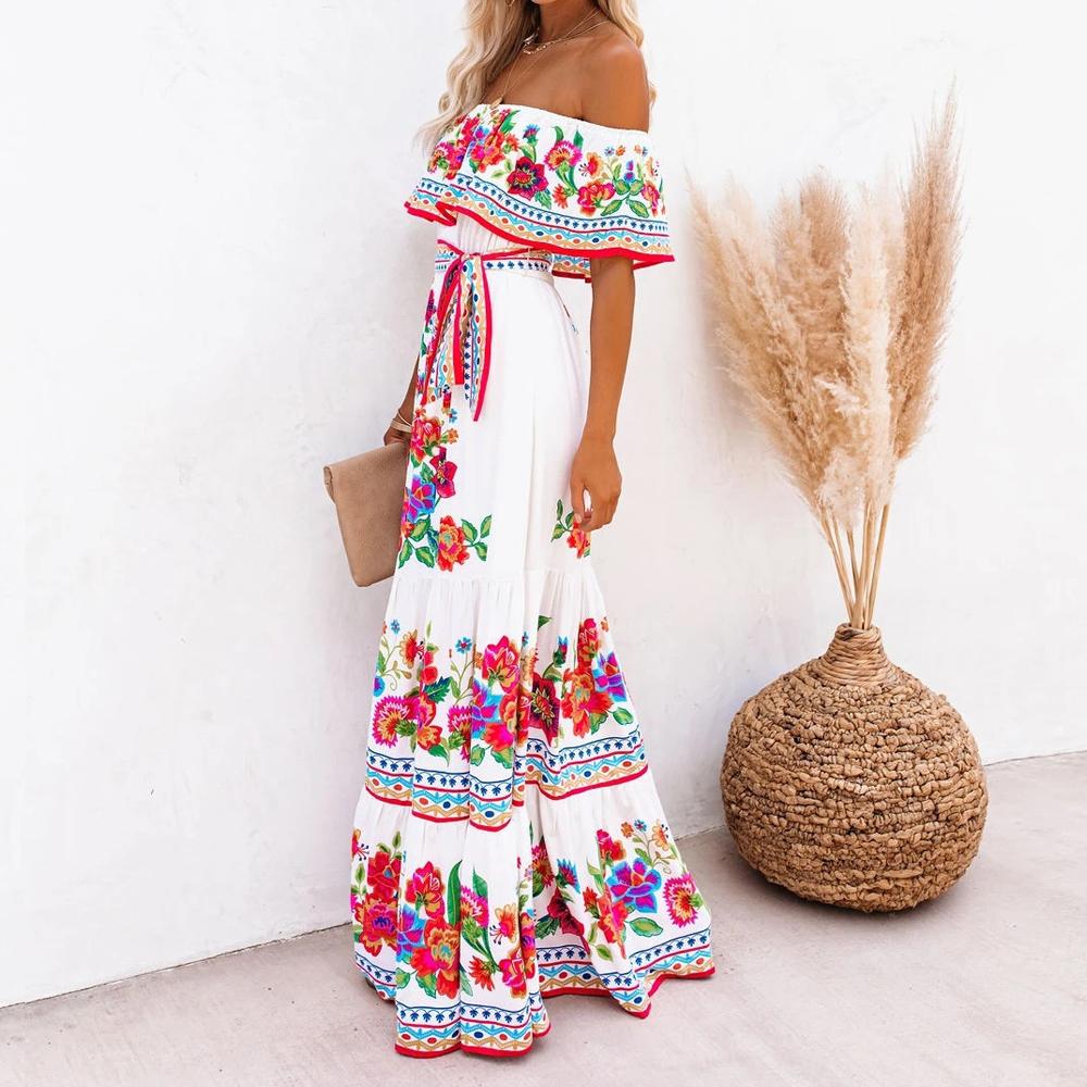 Allover Floral Print Off Shoulder Ruffle Hem Belted Maxi Dress