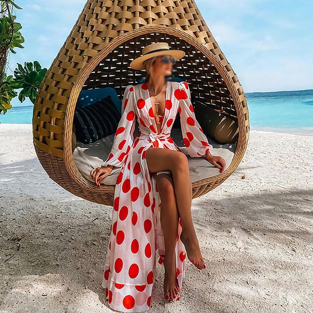 White Deep V Neck Red Polka Dot Lantern Sleeve Belted Long Dress