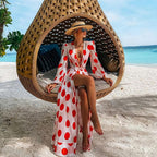 White Deep V Neck Red Polka Dot Lantern Sleeve Belted Long Dress
