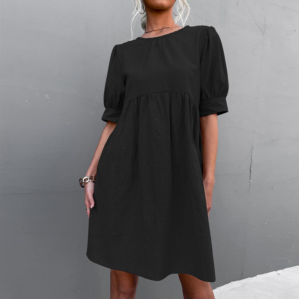 Solid Puff Sleeve Button Back Round Neck Casual Dress
