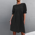 Solid Puff Sleeve Button Back Round Neck Casual Dress