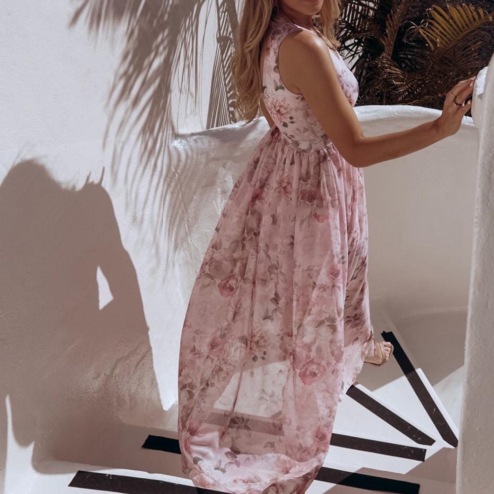 Floral Print Surplice Neck Sleeveless Split Thigh Maxi Dress