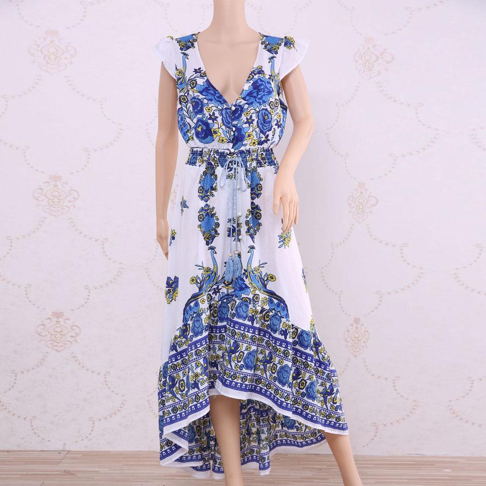 HOT SALE Floral Print Shirred Waist Butterfly Sleeve Tie Front High Low Hem Dress