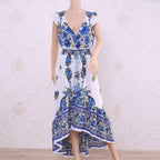 HOT SALE Floral Print Shirred Waist Butterfly Sleeve Tie Front High Low Hem Dress