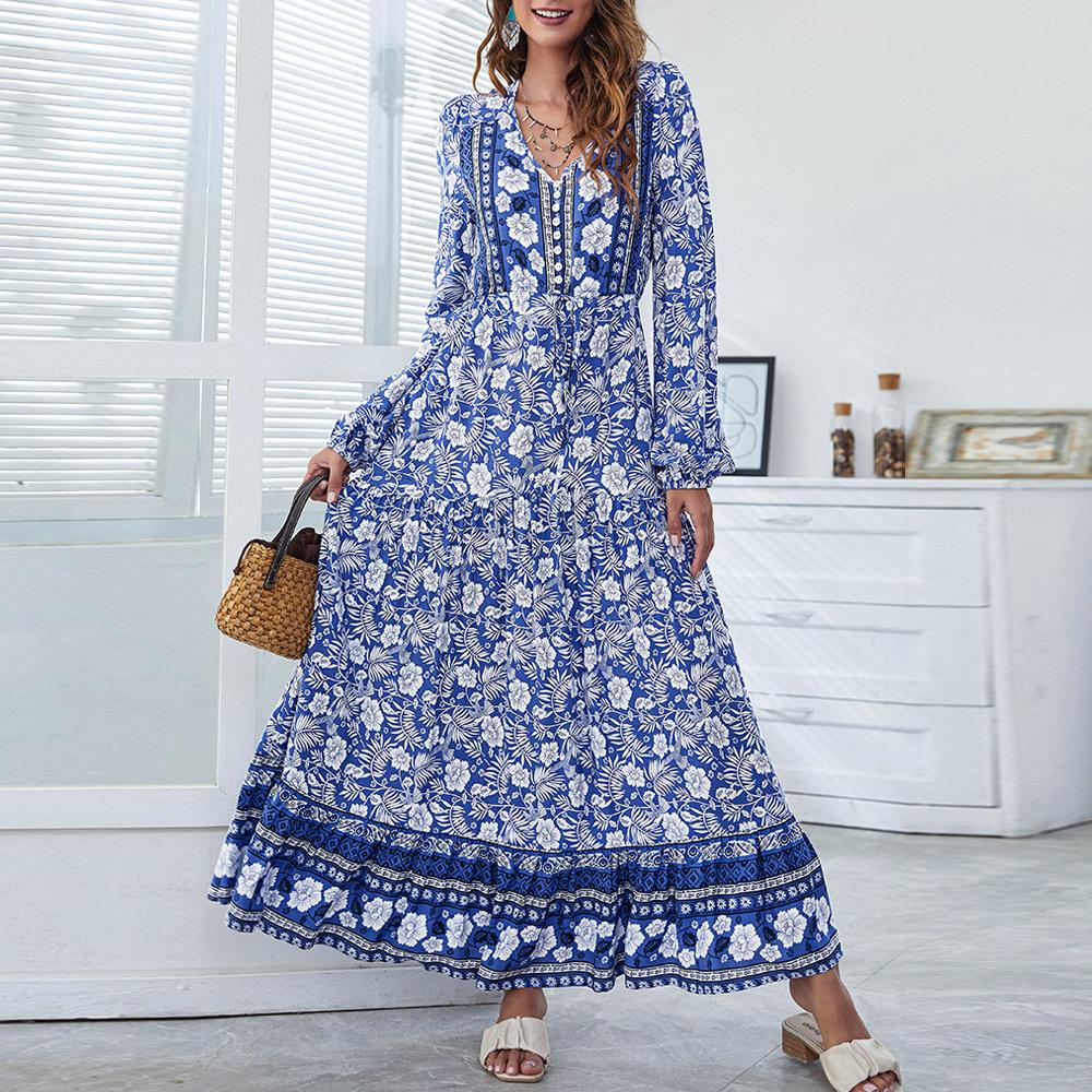 Half Button Allover Floral Print V Neck Bishop Sleeve Maxi Dress
