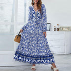 Half Button Allover Floral Print V Neck Bishop Sleeve Maxi Dress