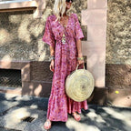 Pink V Neck Floral Print Tie Waist Half Sleeve Ruffle Hem Long Dress