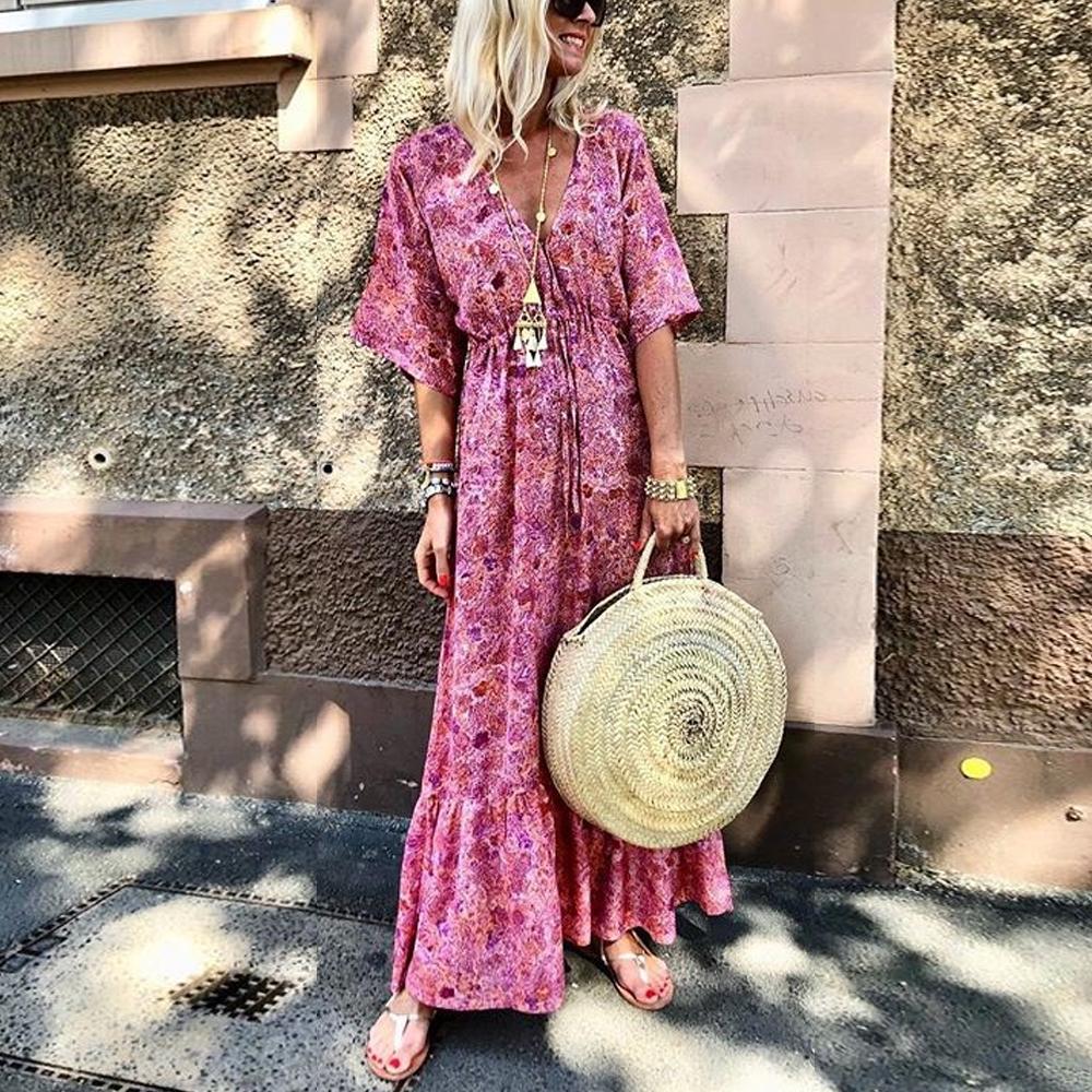 Pink V Neck Floral Print Tie Waist Half Sleeve Ruffle Hem Long Dress