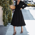 Solid Swiss Dot Mesh Flounce Sleeve Lettuce Trim V Neck Chiffon Dress
