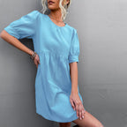 Solid Puff Sleeve Button Back Round Neck Casual Dress