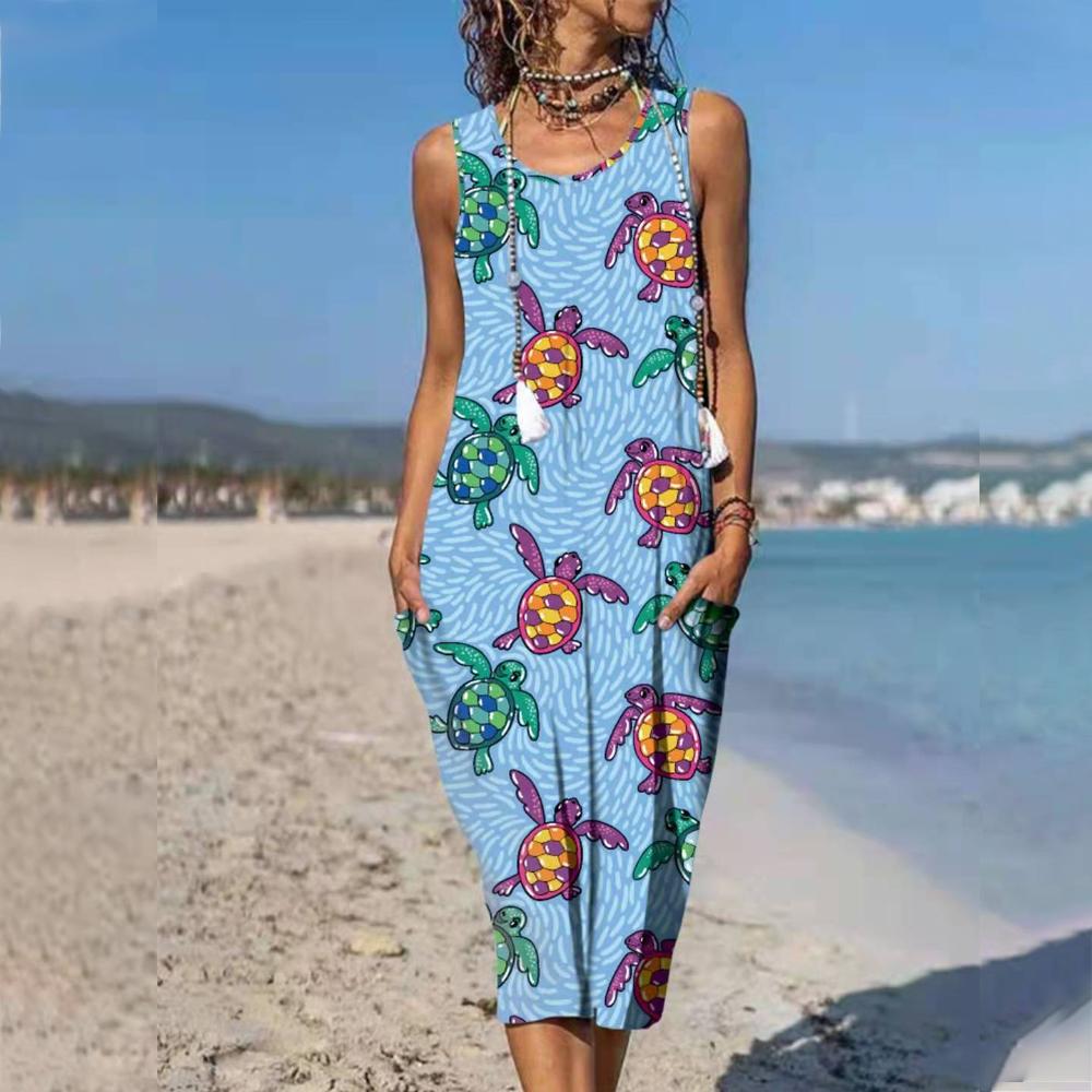 Sea Turtle Print Round Neck Pocket Patched Sleeveless Dress