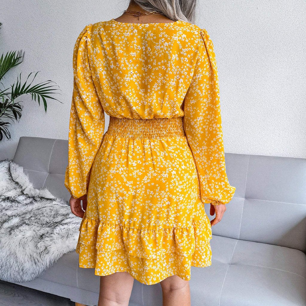 Fashion Long Sleeve Chiffon Dress Floral Printed Deep V-neck Midi Party Dress