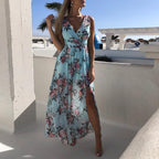 Floral Print Surplice Neck Sleeveless Split Thigh Maxi Dress