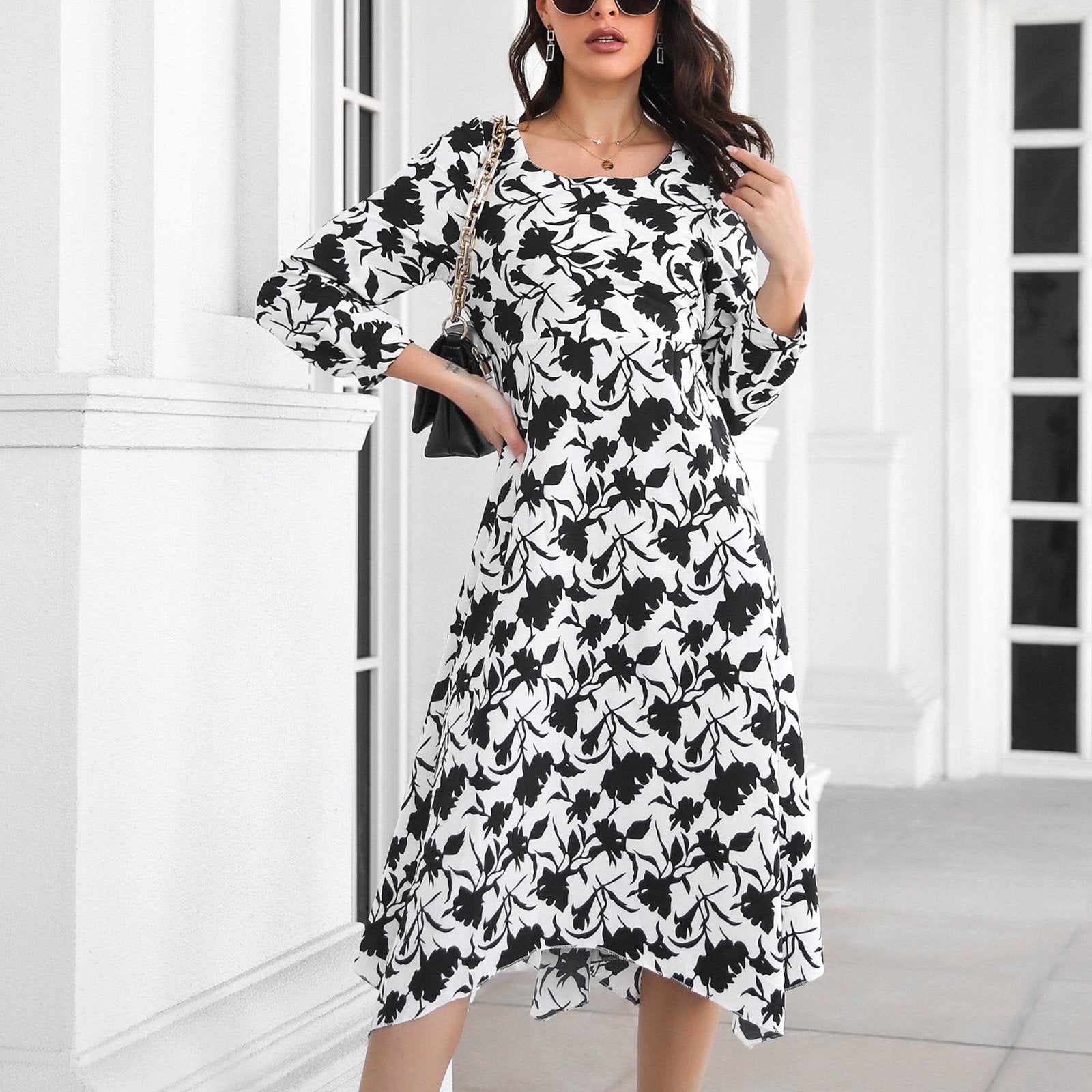 Floral Print Bishop Sleeve Asymmetric Hem Square Neck Dress