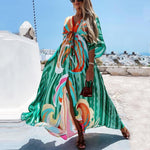 Tropical Print Dolman Sleeve Tie Front V Neck Maxi Dress